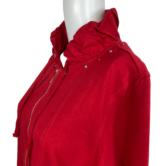 Quacker Factory Jacket Womens Sz M Red Cotton Knit Rhinestone Ruffle Neck Zip Up - Picture 2 of 10